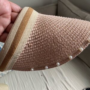 Stylish pink and Cream Straw Visor with Pearl Accents
